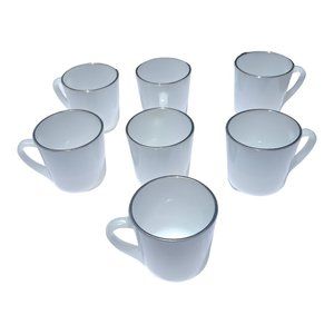 Vintage Anchor Hocking Milk Glass Mugs Set of 7 EUC White With Silver Rim